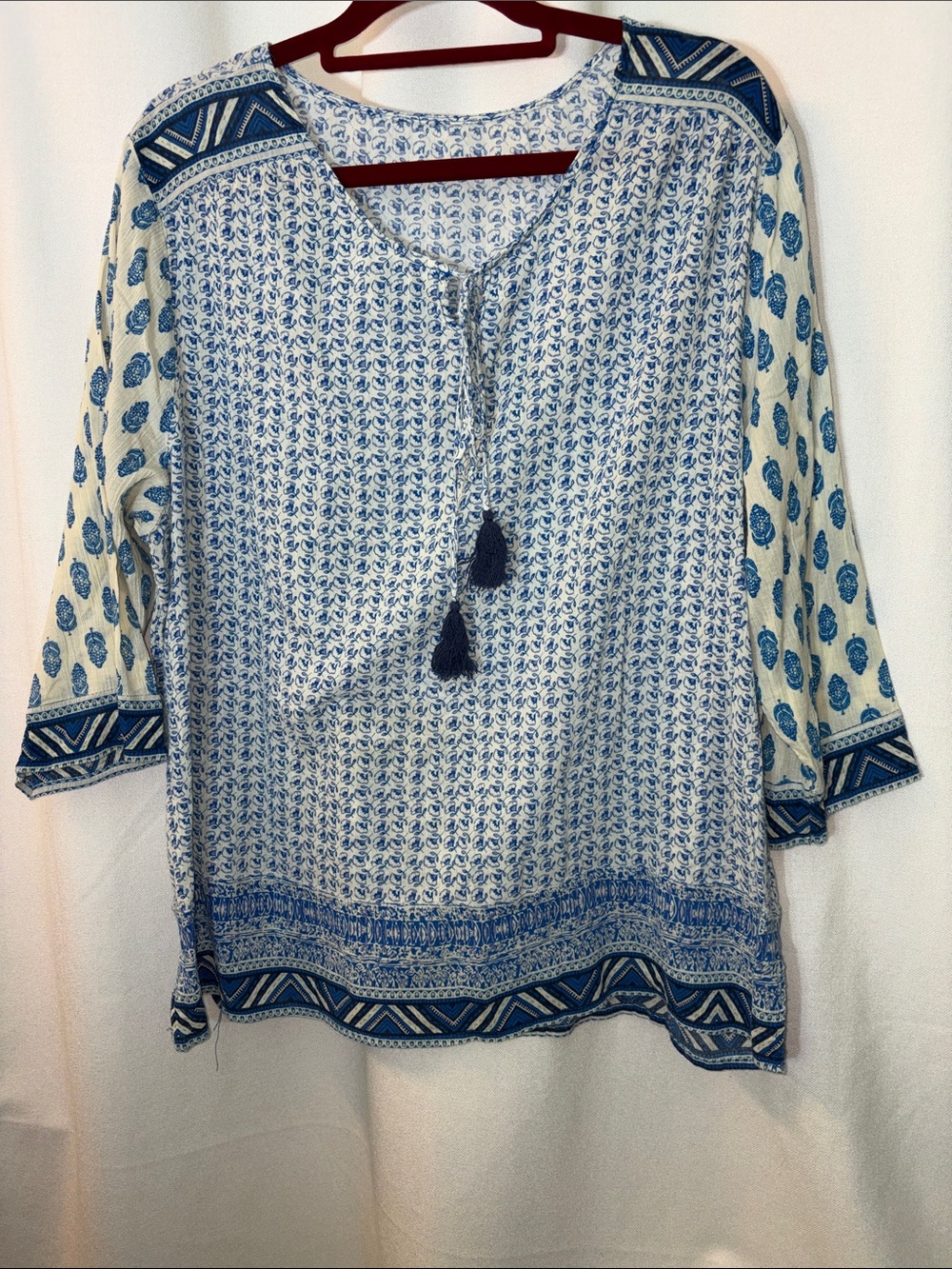 Blue Printed Women's Peasant Top with Tassel Tie Size Large/Extra Large